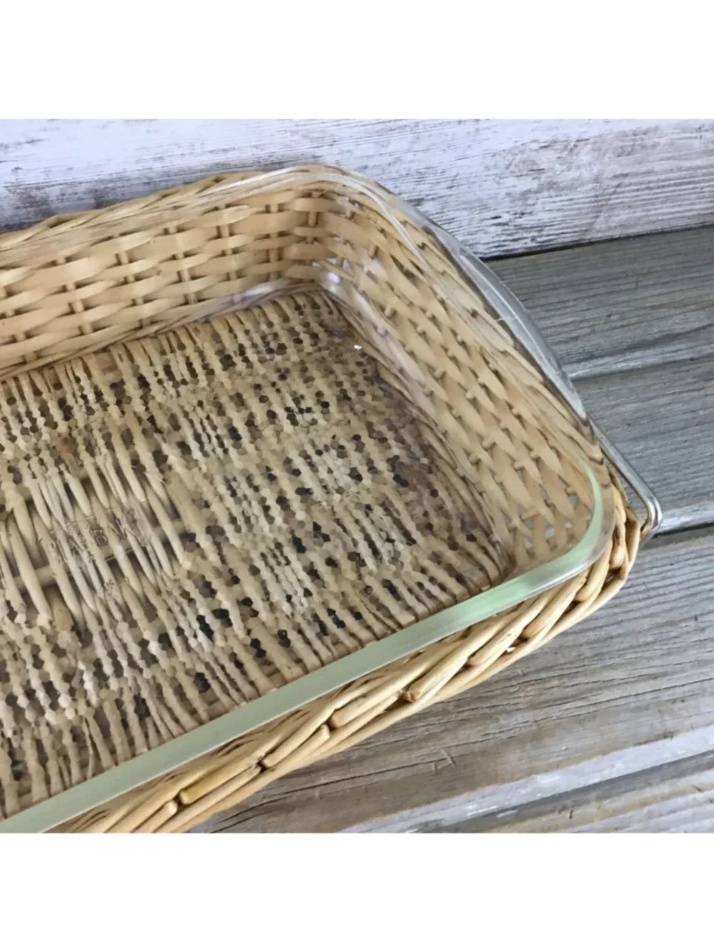 Vintage Glasbake 2½ Qt Rectangular Glass Dish w/ Wicker Basket & Metal Frame